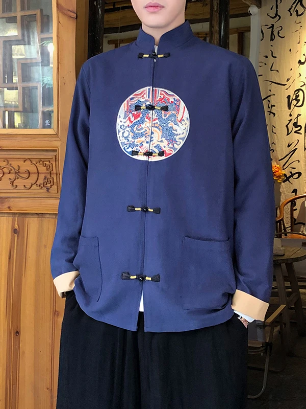 

Spring 2025 New Men's Jaet Embroidered Cotton Linen Dragon Pattern Retro Outerwear Youth Faion Loose Fit Long S...