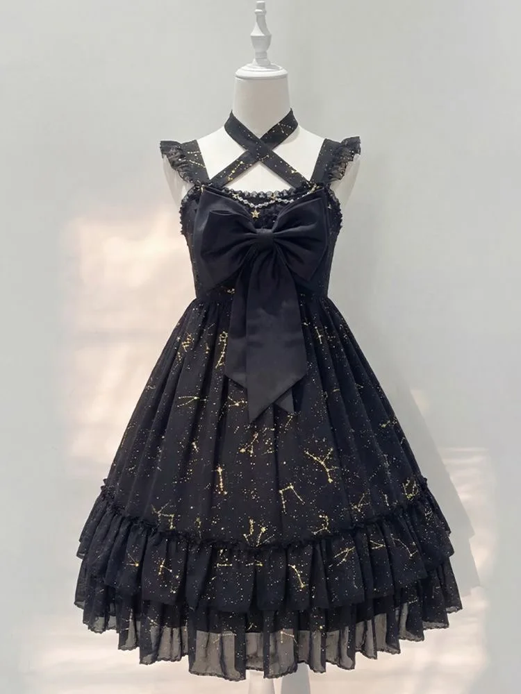 

Японское платье JSK в стиле Лолита, милое черное платье принцессы с кружевной отделкой и принтом, женское элегантное повседневное платье Y2K для вечеринок