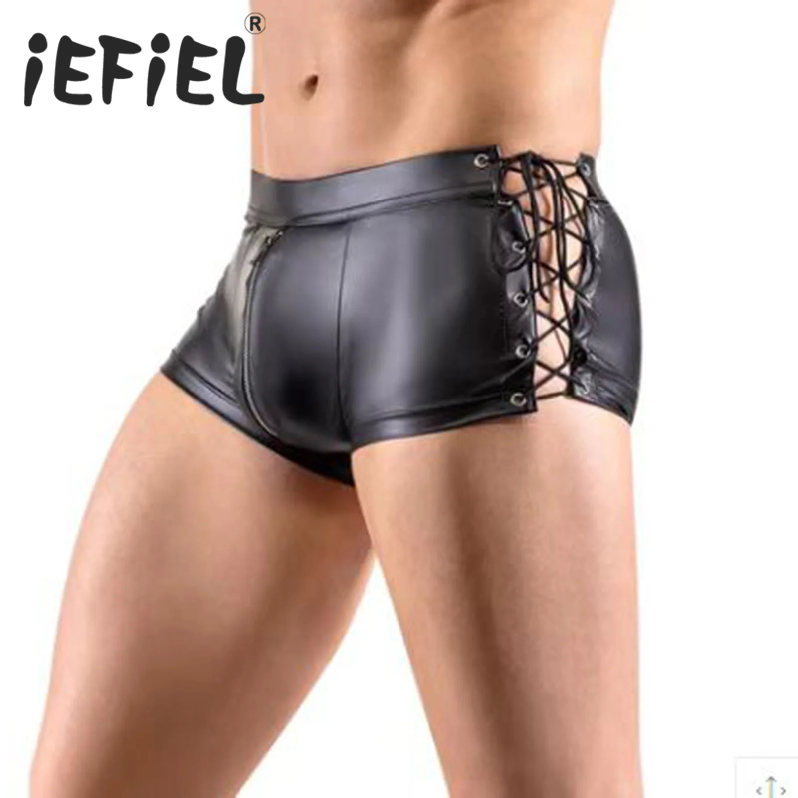 Mens Shorts Briefs Wetlook Faux Leather Hot Pants Fashion Hollow Out Lace-up Nightclub Pole Dancing Stage Performance Costume