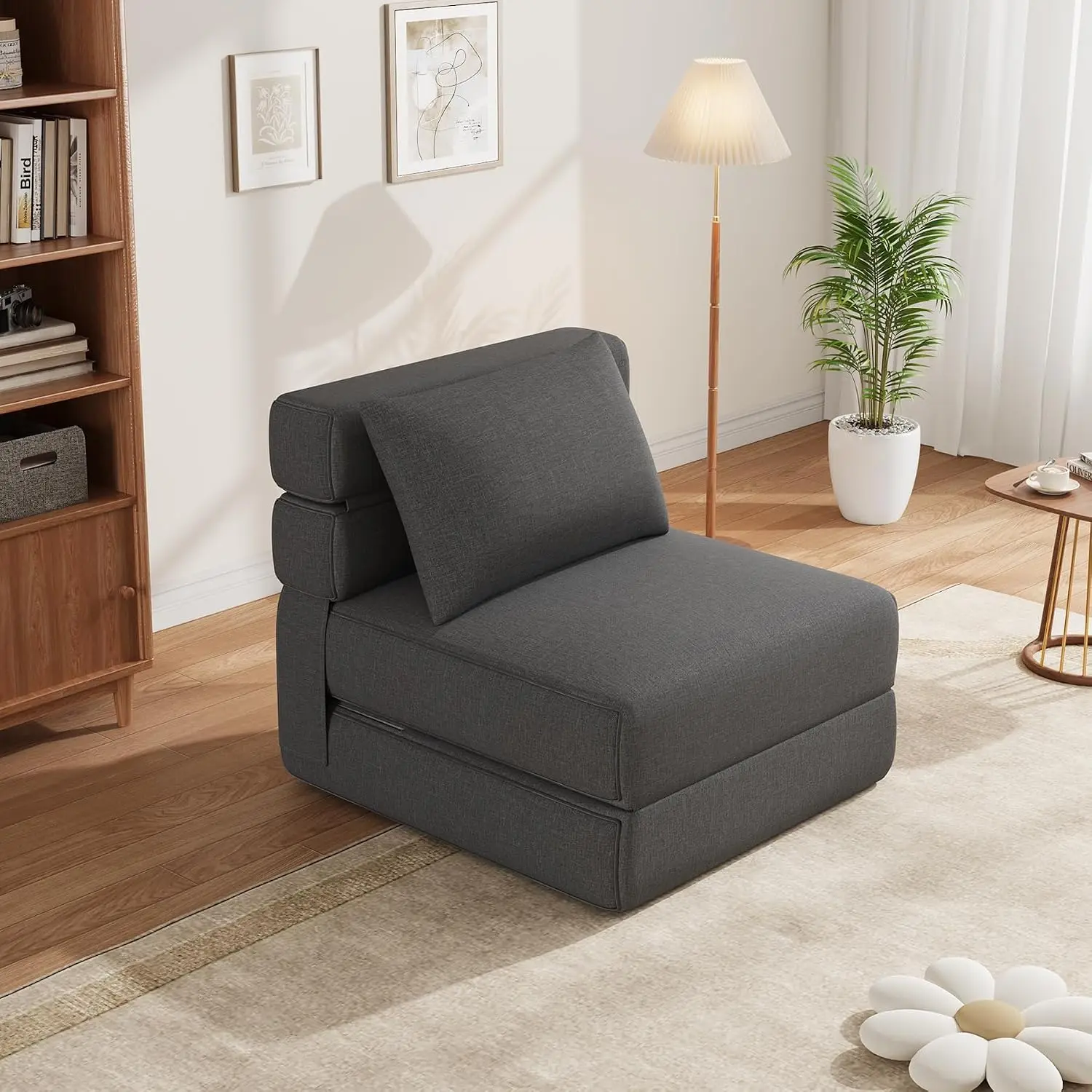 Sofá cama plegable 2 en 1 con cojines de espuma viscoelástica, funda de lino extraíble y almohadas incluidas, sofá moderno para el salón o el dormitorio, color gris oscuro.