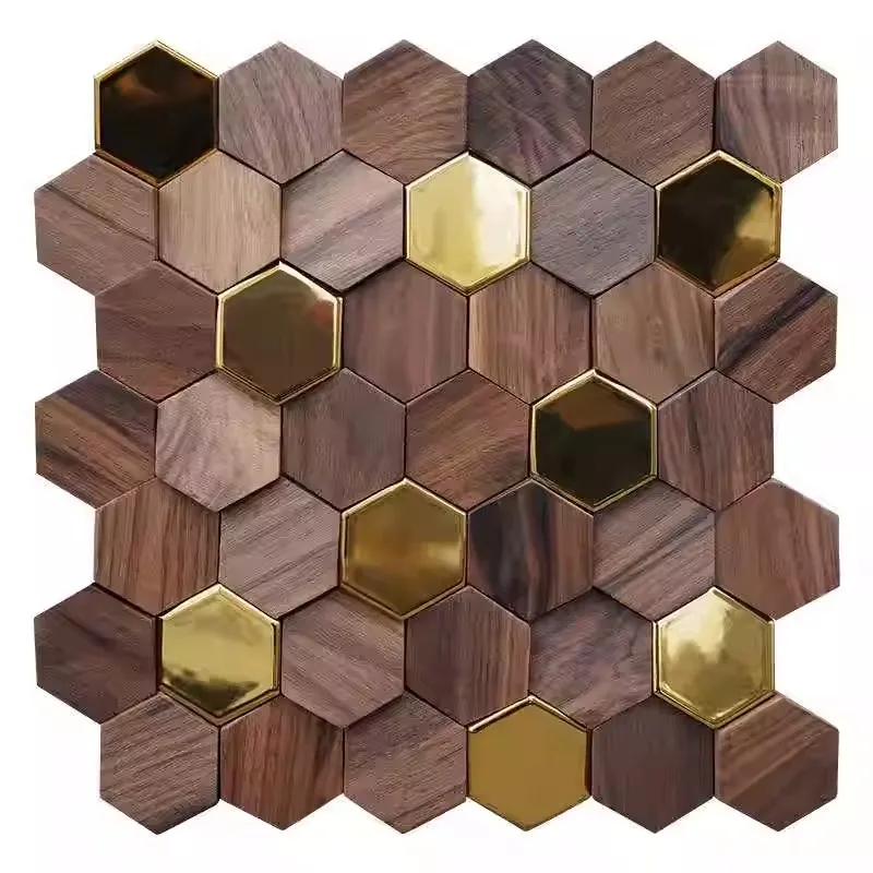 Arte de pared de madera 3D hexagonal para casa de té, mosaico de Metal de madera de nogal negro, azulejo, fondo de TV, arte Interior, decoración de pared, pegatinas