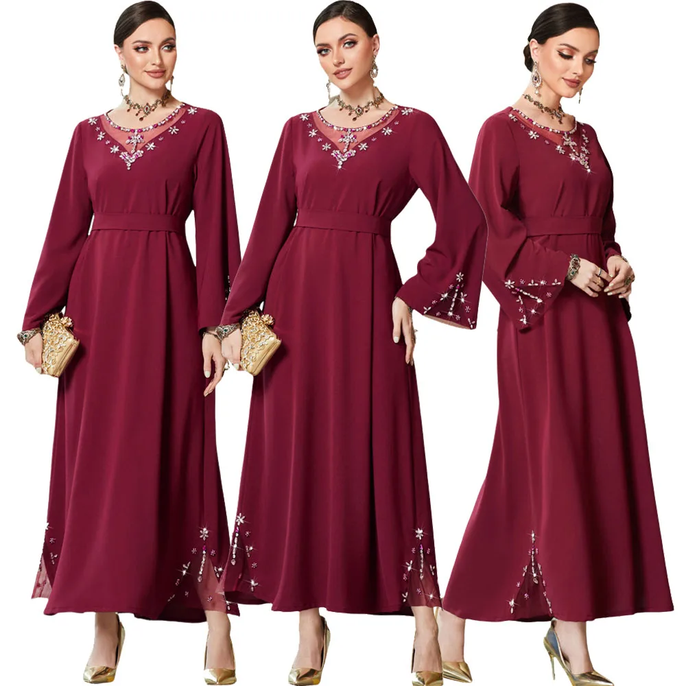 

Fashion Turkish Abayas Chic Solid Pure Handwork Diamonds Cuff Long Sleeve Casual Islamic Dresses For Women Evening Eid Ramadan