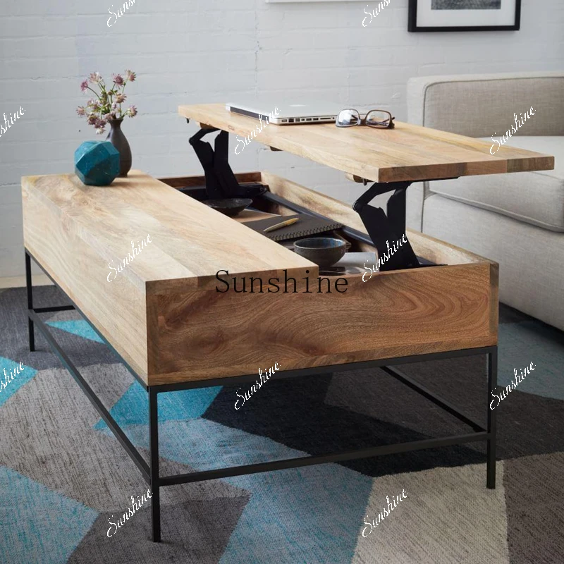 

Lifting coffee table Solid wood drawer folding Multifunctional minimalist medieval storage living room FT