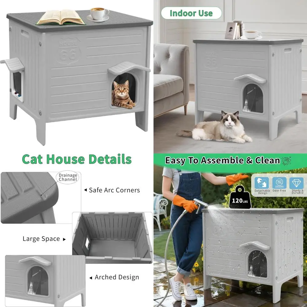 

Waterproof Insulated Outdoor Cat Shelter with Escape Hatch, Spacious Grey Plastic Home for Feral Cats