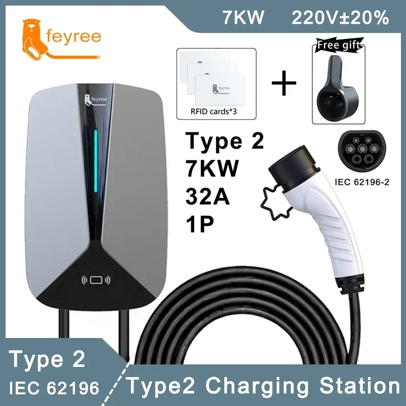 Feyree EV Charger Type2 32A 7.6KW 1 Fase EVSE Wallbox RFID Kaarten Versie 5m Kabel Laadstation voor Elektrische Voertuig auto