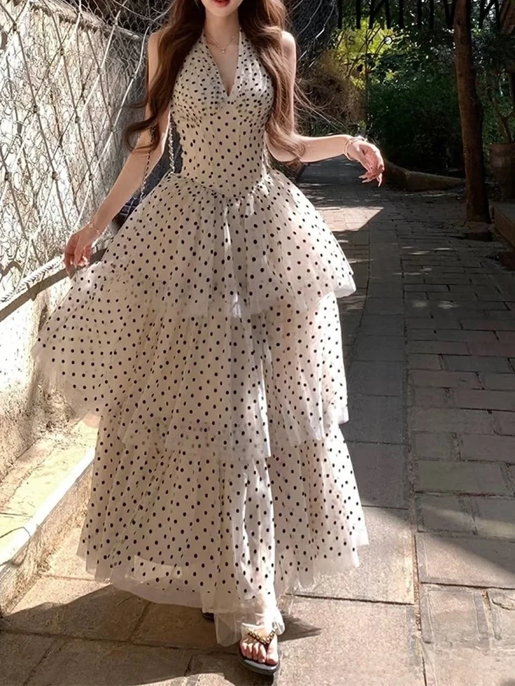 Vestido de festa com decote em v temperamento elegante bolinhas fio líquido em camadas bolo vestido longo vestidos femininos 2025 verão novo