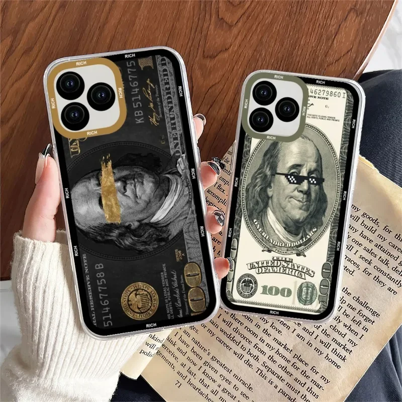 Luxury dollar us phone case for iphone 11 12 mini 13 14 pro max transparent shell