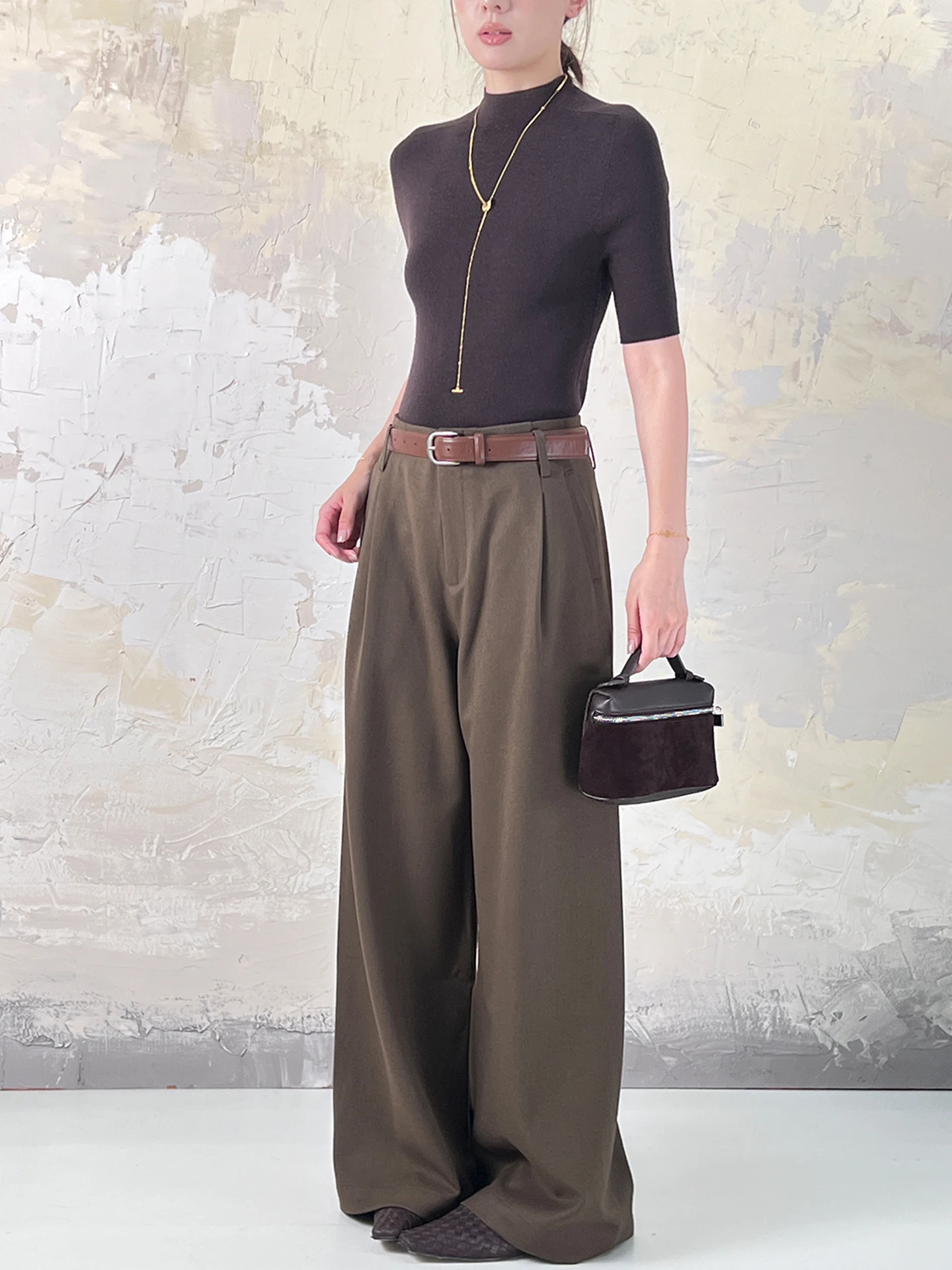 

Женские шерстяные брюки Ele с высокой талией, широкими штанинами и поясом, скрывающим бедра, осенняя новинка, ретро-стиль, деловые брюки