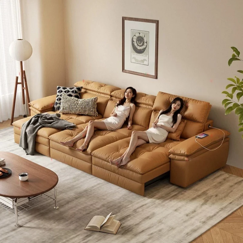 Vintage Elephant Ear Electric Retractable Genuine Leather Sofa Multi-Functional Straight Sleeper Couch for Warm Living Room