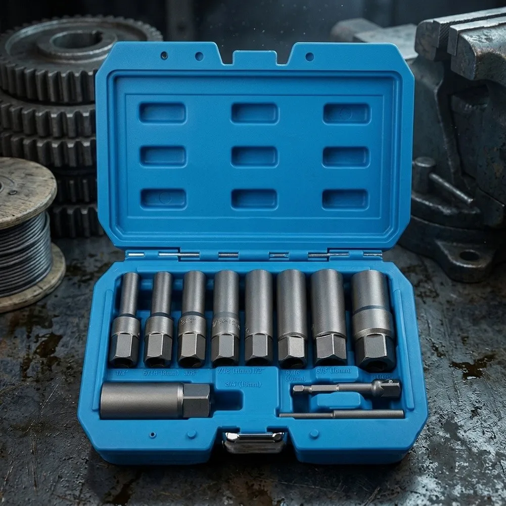 Locking Wheel Nut Bolt Extractor Kit 11 pcs with Reverse Thread Design and 3/8in Drive for Removing Broken Screws