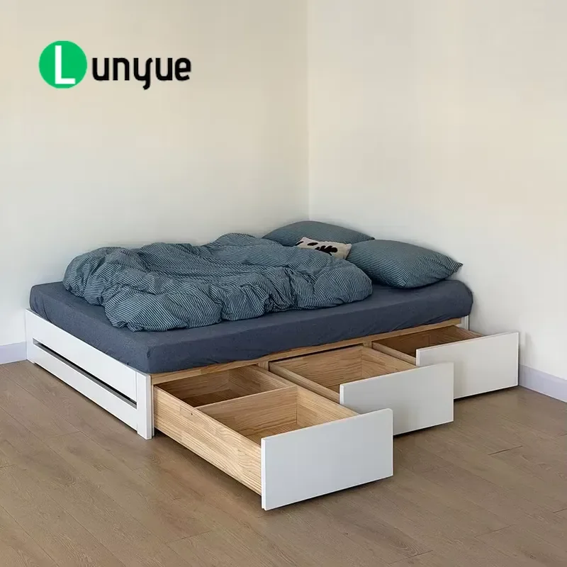 Nordic Solid Wood Platform Storage Bed Frame with Large Drawers Headboard Free High Box Design for Small Second Bedroom Space