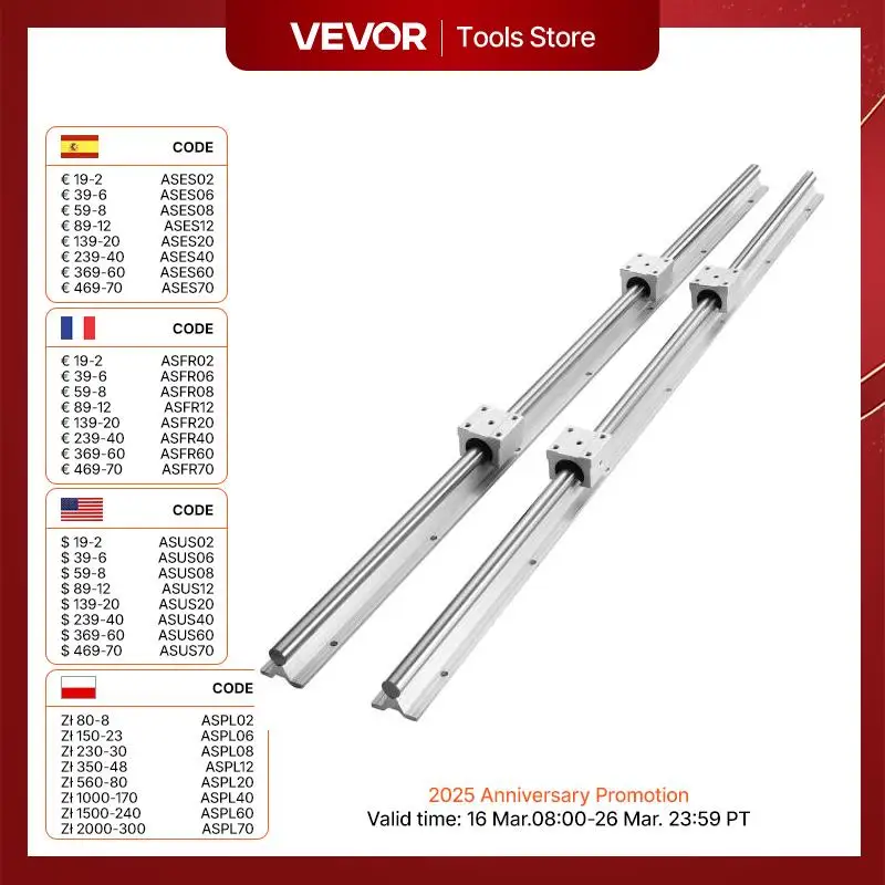 VEVOR 2PCS Linear Guide Rails SBR12 SBR16 SBR20 SBR25 800-2200mm & 4PCS UU Bearing Blocks Smooth Motion DIY Mills CNC Parts Use