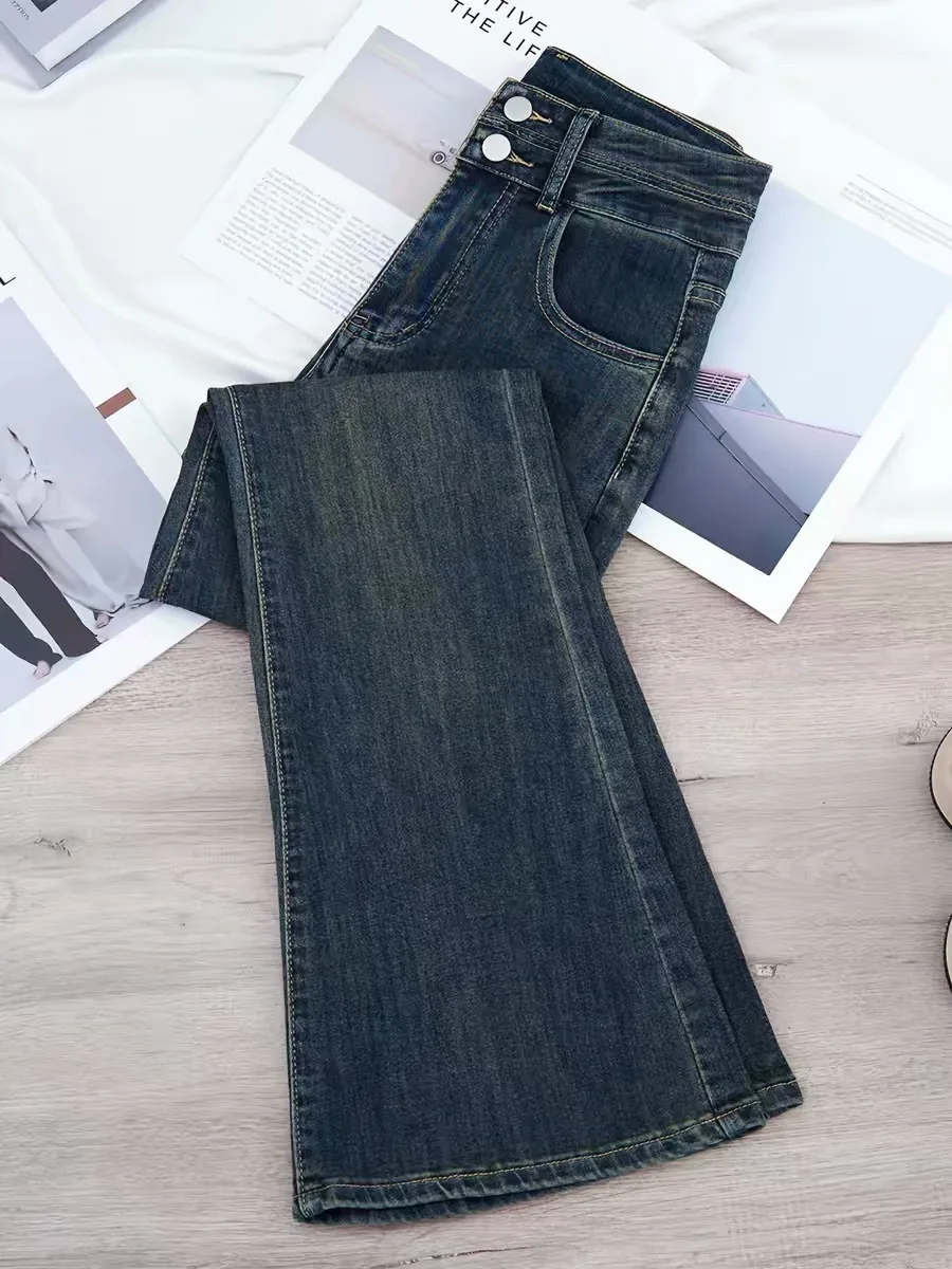 

High Waist Bell Bottom Jeans Women's Spring Autumn New Loose Slimming Small Size Ladies Floor Length Pants Cement Grey