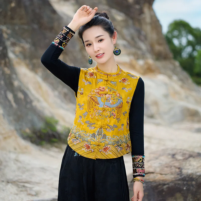 Spring Autumn Embroidered Floral Tunic Top Chinese Ethnic Style Single Button Stand Collar Vest Jacket Women's Fashion