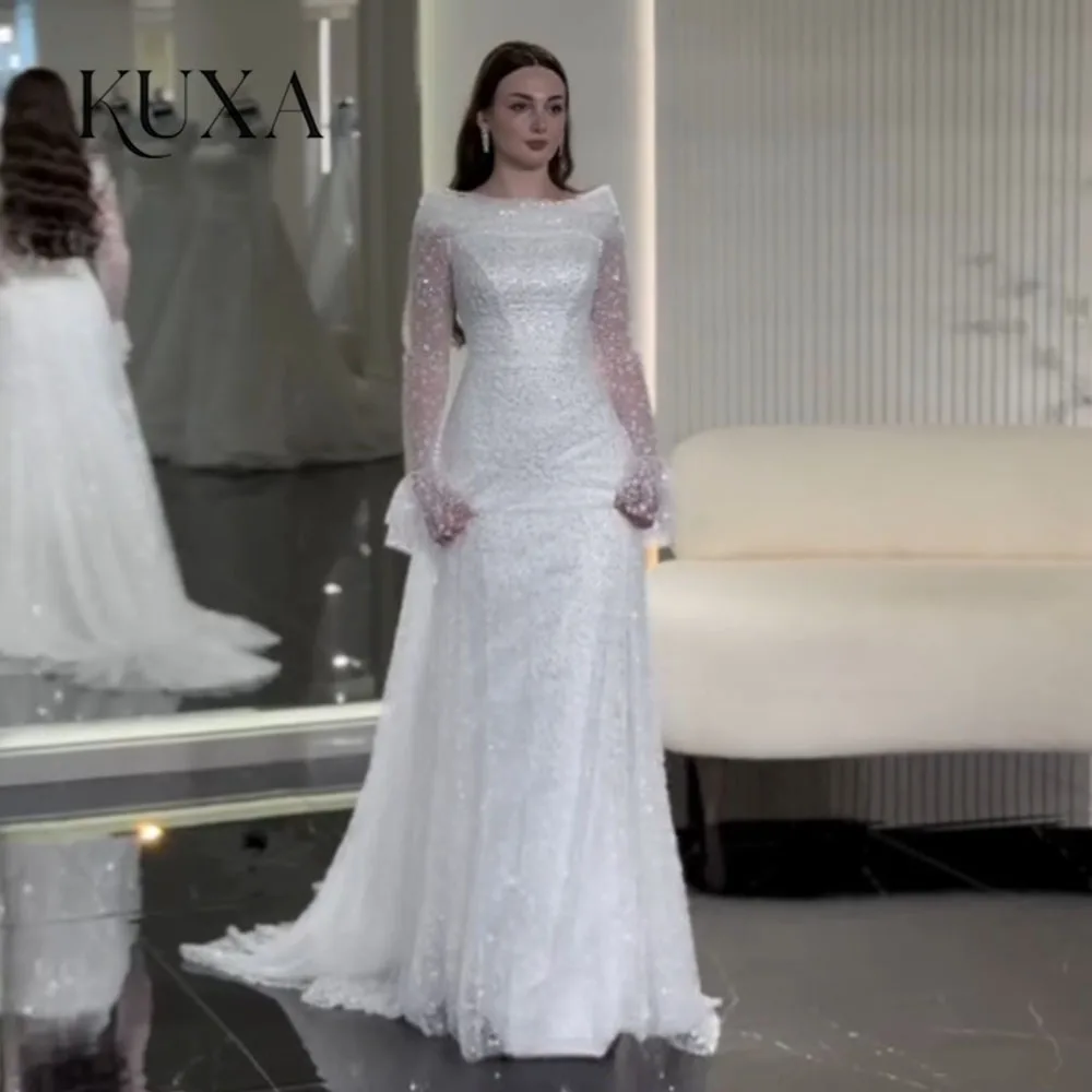 KUXA Maßgeschneiderte Brautkleider mit U-Boot-Ausschnitt, A-Linie, elegante Brautkleider aus Spitze, bodenlang, mit langen Ärmeln, Brautkleider Vestido De Novia 2026