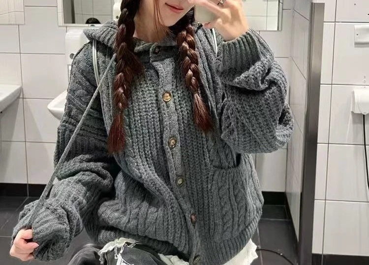 Torções de massa frita com capuz vintage camisola casaco cardigan outono inverno novo design desleixado solto malha topo