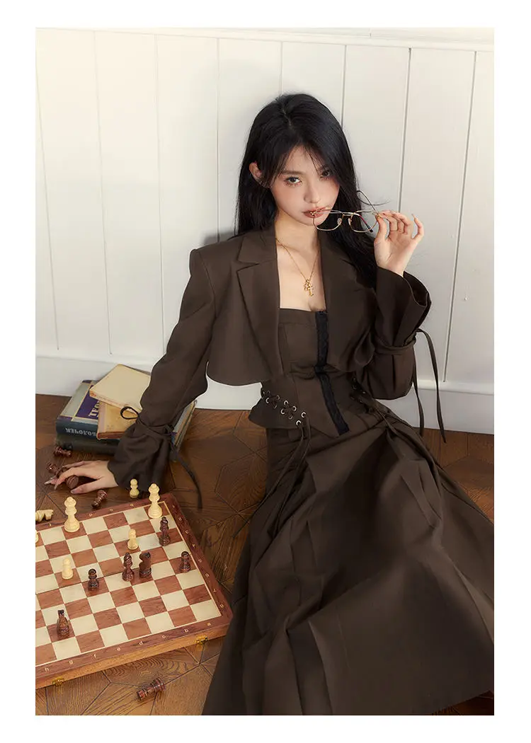 

Korea Elegant Women Spring Korean Fashion Blazer Suits Vintage Long Sleeve Blazers+Hight Waist Long Skirts 3 Pieces Sets Office