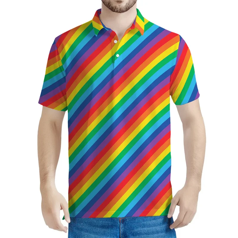 Camisa polo com padrão geométrico masculina, listras arco-íris, impressa em 3D, manga curta, botão de rua casual, lapela, verão