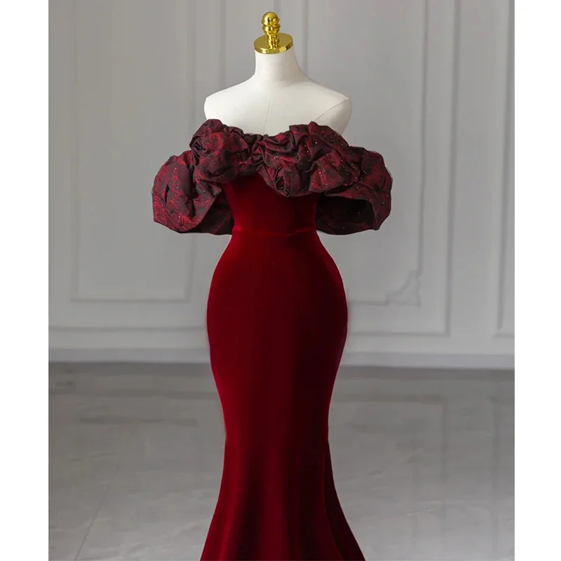 Customized  Wine Red Velour Mermaid Evening Dress Sexy Sweep Train Fishtail Formal Party Gowns for Women Vestidos De Fiesta