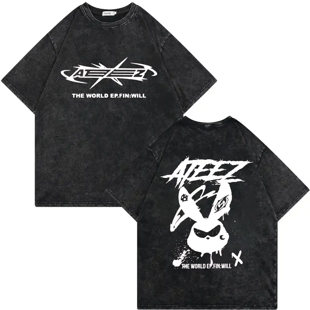 

2024 Kpop ATEEZ World Tour Double Sided Graphic T Shirts Fashion Hip Hop Vintage Washed T-shirts Unisex Casual Oversized T-shirt