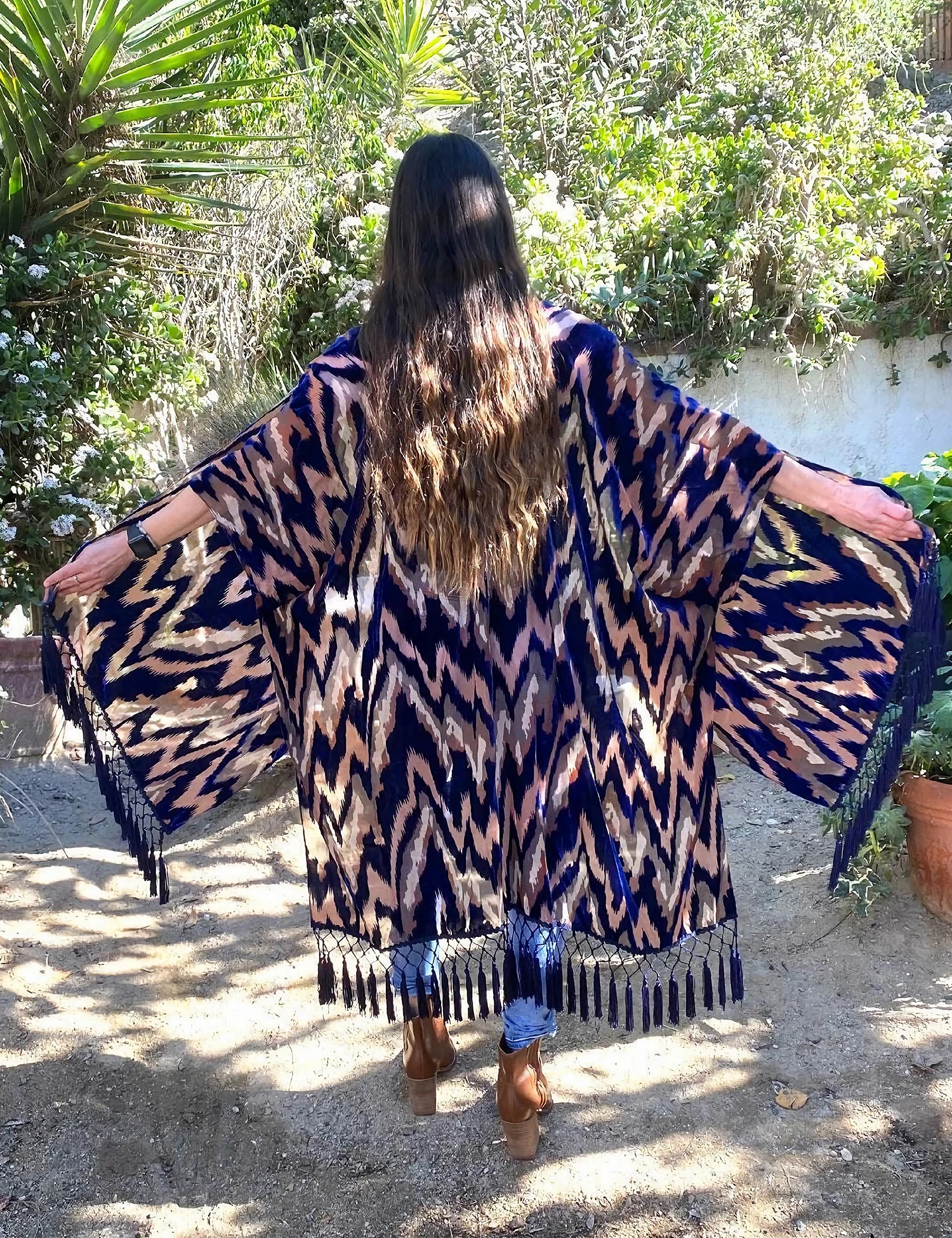 WeHello-Velvet Kimono for Women,Bohemian Burnout  Long Tassel, Beach Cover-up, Casual Cardigan, Kimono, Shawl, Holiday Style