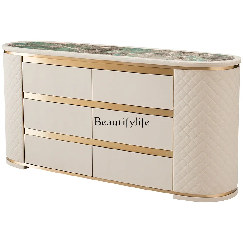 

L*Italian minimalist rock slab bedroom TV cabinet leather light luxury modern simple high-end