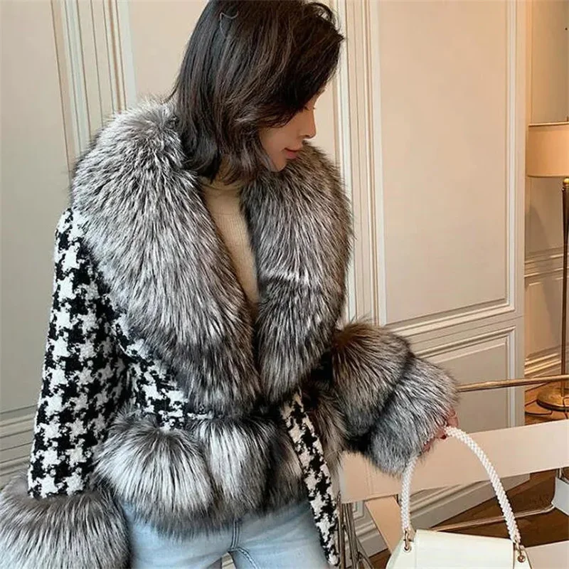 Fox Fur Grass Coat Women Short Thousand Bird Grid Double Faced Fleece Collar 2024 Small Fragrant Style Imitation Fur Coat Female