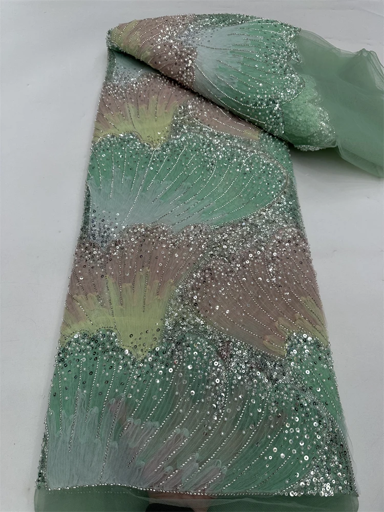 Новейшая африканская кружевная ткань с блестками, 2025 г., высококачественная кружевная сетчатая ткань с вышивкой бисером, 5 ярдов для женщин, свадебное платье