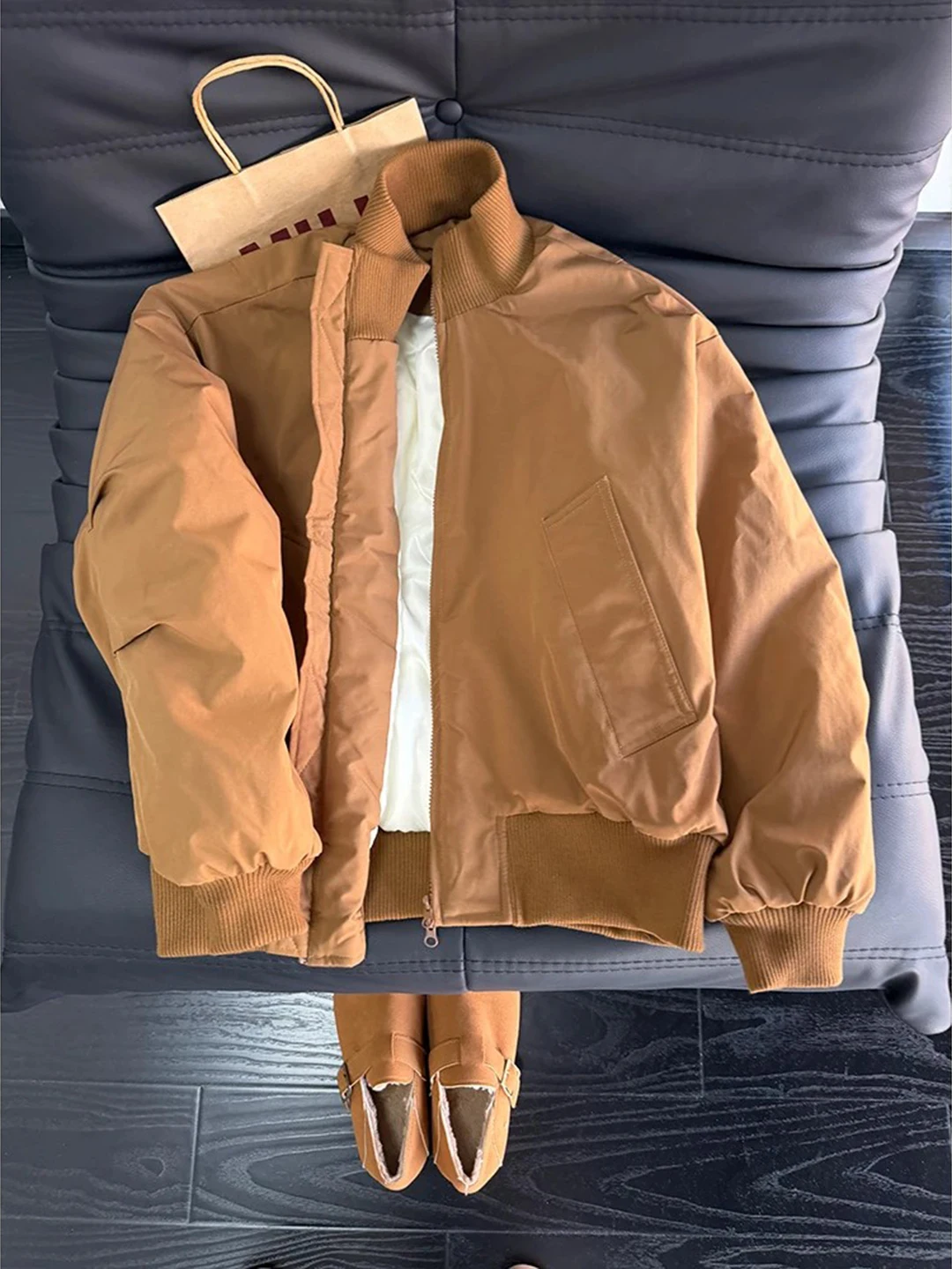 

Brown Short Flight Cotton Jacket Men's Winter Bomber Style Stand Collar Baseball Coat American Shoulder Cotton Outerwear