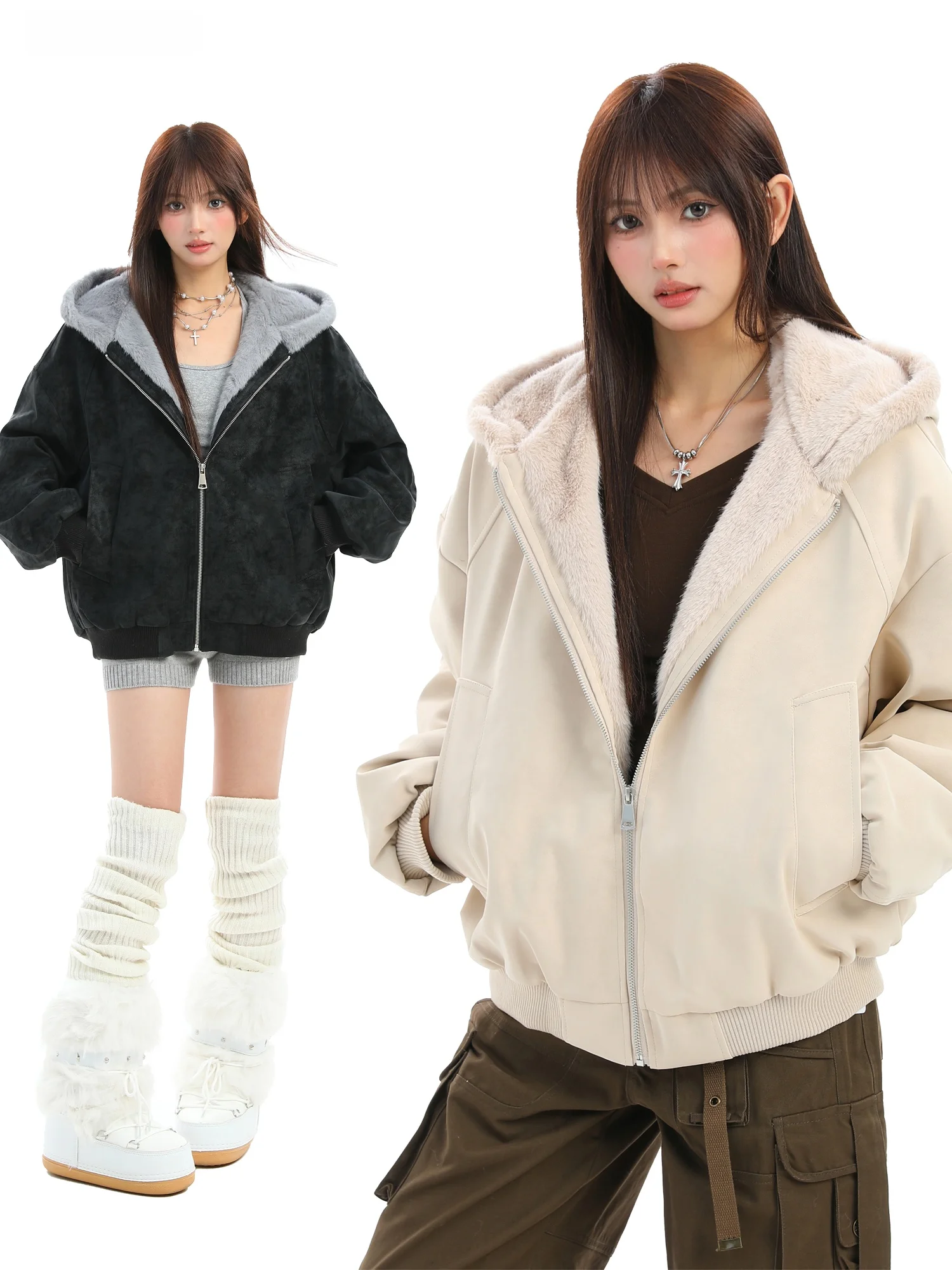 

Thiened American Sle Cotton Jaet Women's Winter Coat Suede Velvet Hat Coat Warm Plu Inner Zipper ket Casual Street...