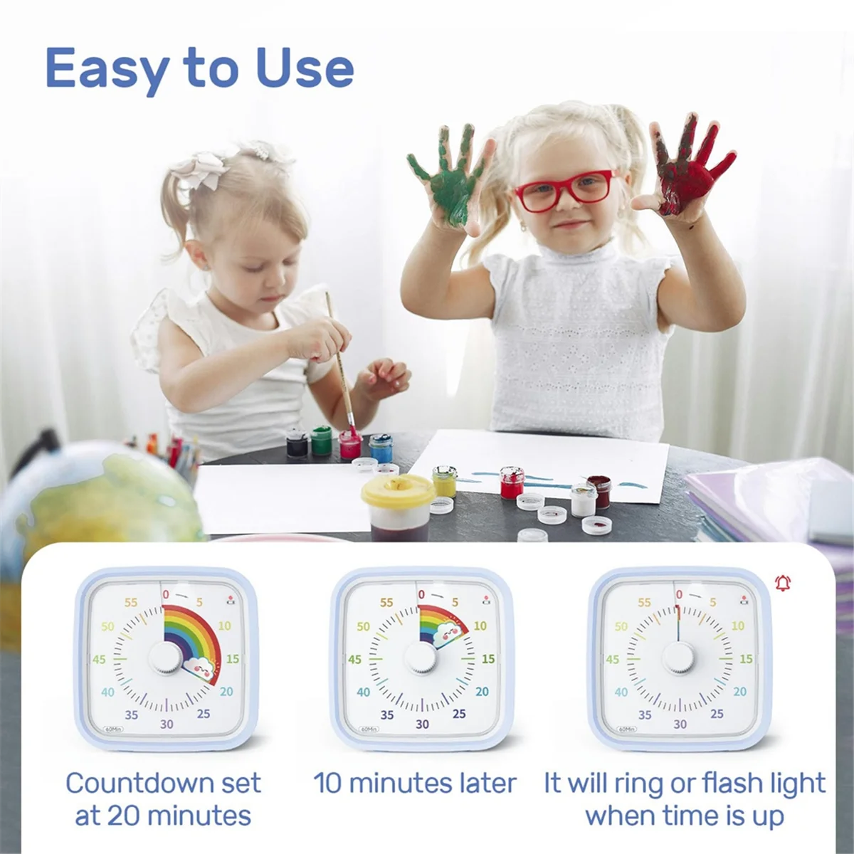 BABQ Timer Visual 60 Menit dengan Casing Pelindung, Timer Disk Pelangi, Alat Manajemen Waktu Hitung Mundur Senyap Biru Muda