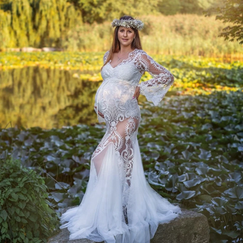 

See Thru White Lace Maternity Dresses Elegant V Neck Appliques Mermaid Pregnancy Gowns Custom Made Bridal Dress To Photo-shoot