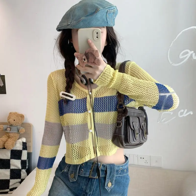 Women's Cardigan Knitted Shirt Splicing Hollowing Out Lace Up Long Sleeved Shirt High Quality Trendy Knitwear Coat Short Top