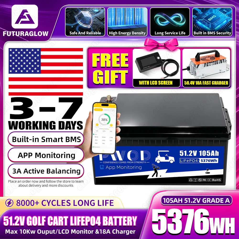 Grade A 48V 105AH Lifepo4 Battery Pack 8000+ Cycles Built-in 200A BMS With APP Control 51.2V Lithium Iron Phosphate Rechargeable Cell For Golf Carts Large Lawn Mower US StocK