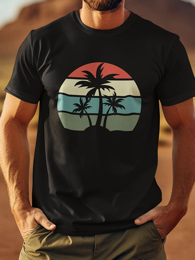 Creative coconut tree print summer new men's T-shirt short sleeved T-shirt men's loose T-shirt cotton top