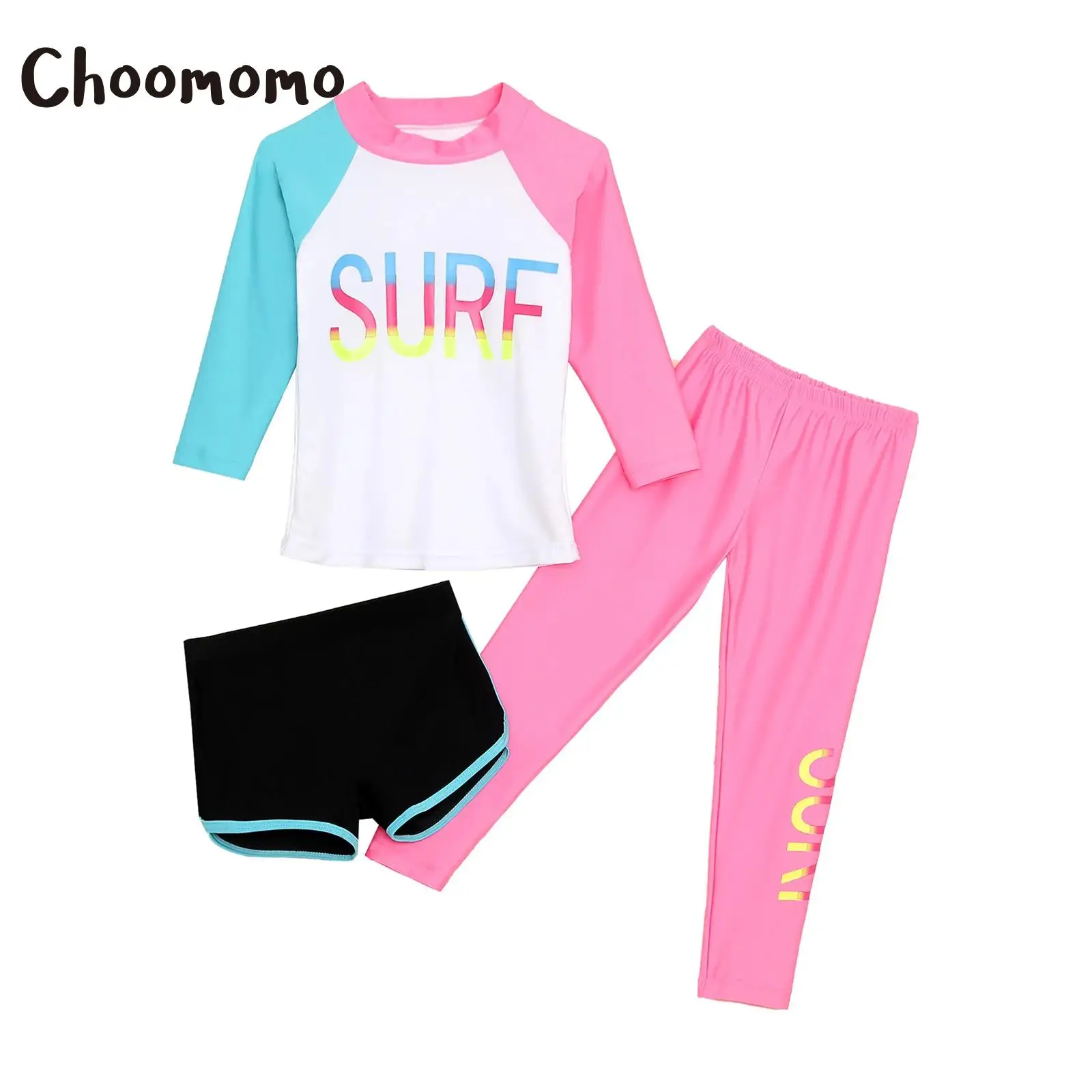 Kids Girls 3-Piece Swimsuit Long Sleeve Rashguard Set UV UPF 50+ Sun Protective Beach Swimwear Water Sport Bathing Suit