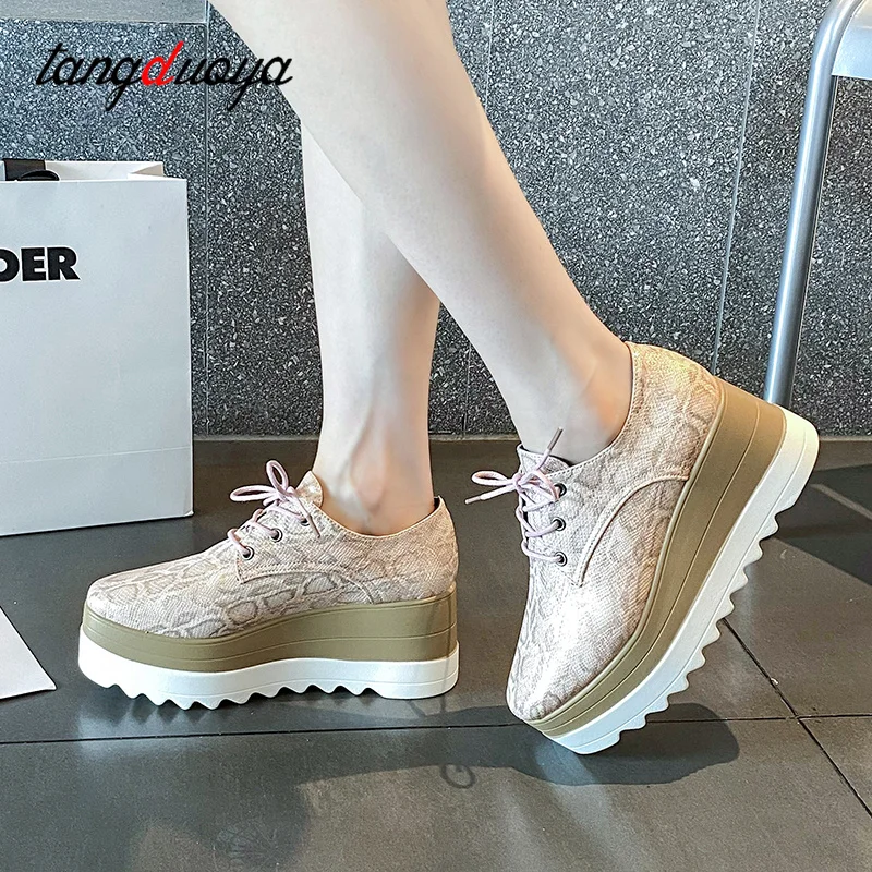 New platform women\'s shoes Leather Women Vulcanized Shoes Leather Platform Wedge High Heels Shoes Lace Up Increase Casual Shoes