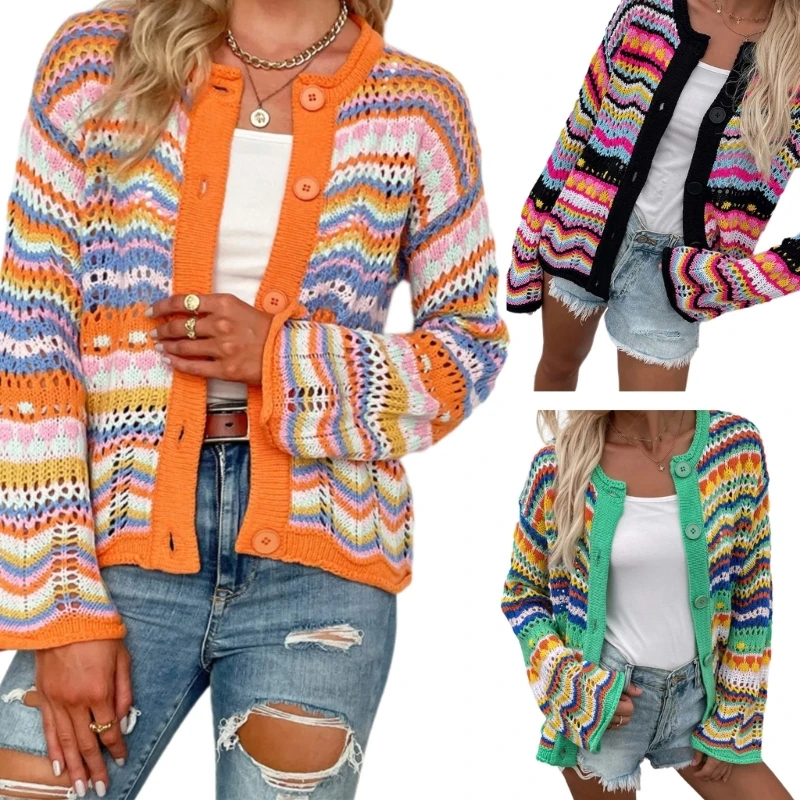 Vibrant Rainbow Striped Cardigan Long Sleeve Button Knitwear Soft Warm Knit UOversized Coat Outwear for Everyday Wear