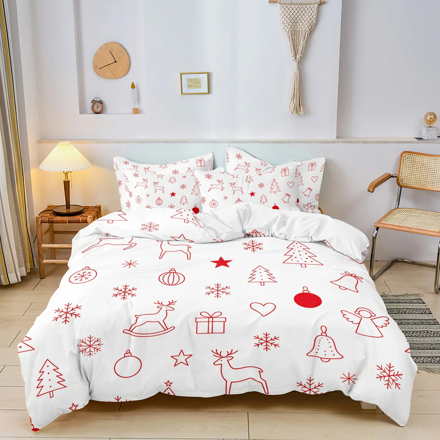 3Pcs Christmas Duvet Cover Set, White Red Line Art Reindeer Xmas Tree Snowflake Print Bedding, Soft Microfiber Holiday Bedding