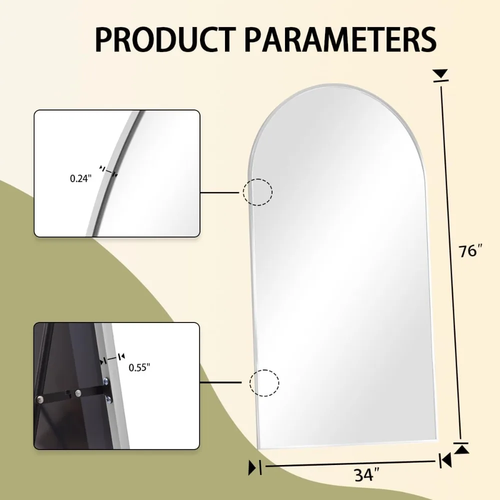アーチ型トップの全身鏡、スタンド付き、76x34インチ、寝室用、壁掛けまたは置き型、エレガントなアーチデザイン
