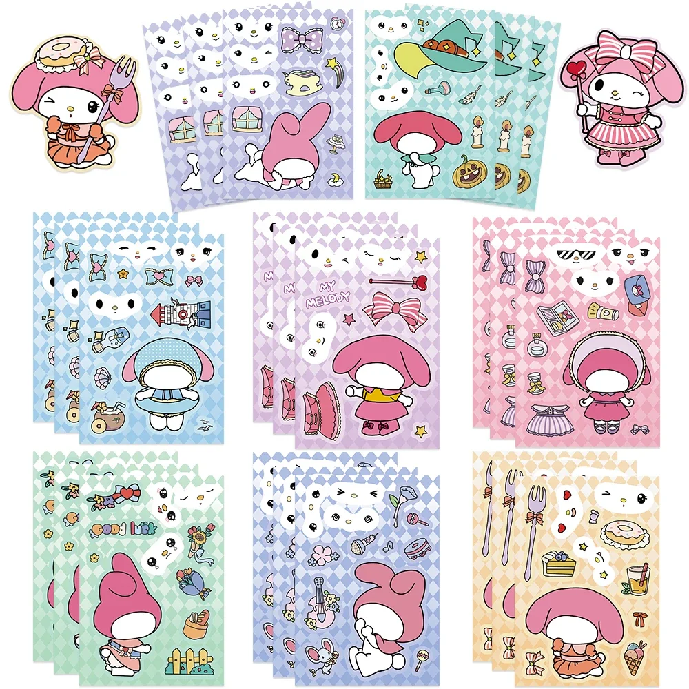 8/16Sheets Kawaii My Melody Make a Face Puzzle Stickers Sanrio Children DIY Game Educational Toys Cartoon Assemble Jigsaw Decals