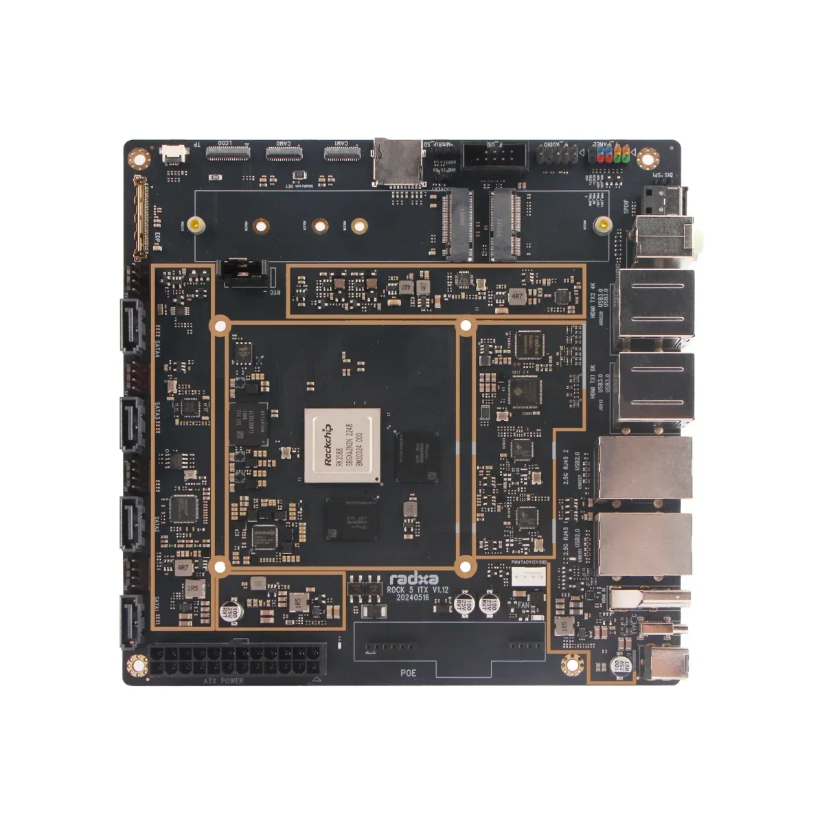 ROCK Pi 5 ITX+ RK3588 Radxa 8-core CPU เมนบอร์ด Mini-ITX, LPDDR5 RAM, 8K HDMI และ Dual M.2 M Key Connector