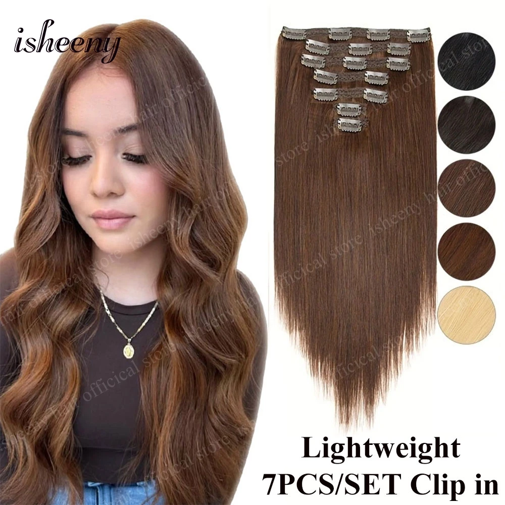 

isheeny 12 "-24" на заколке для наращивания человеческих волос, 7 шт./компл., легкая машинная заколка Remy, шиньон 50-80 г, добавление объема волос