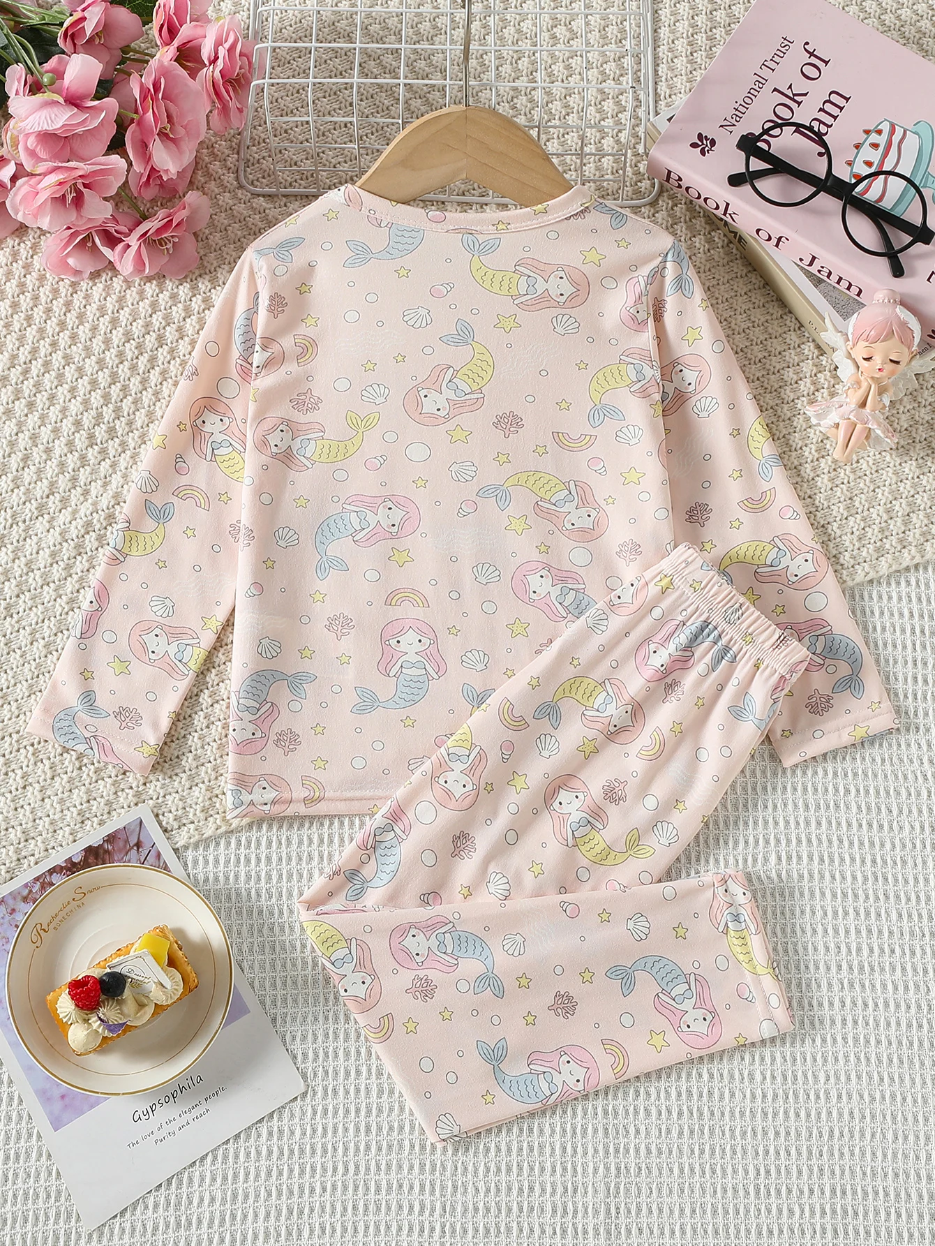 2-teiliger Kinder-Herbstanzug mit süßem Meerjungfrauen-Print, lässiger, warmer Anzug für Jungen und Mädchen, bequeme Hauskleidung, langärmelige Hose – Detail 8