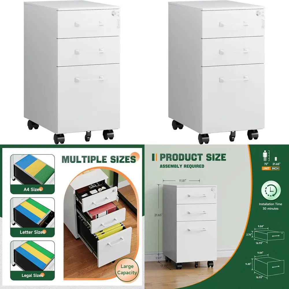 

Белый мобильный шкаф для документов с 3 выдвижными ящиками и замком, хранение под столом на колесиках для домашнего офиса, подходит для форматов Letter/Legal/A4 (сборка)