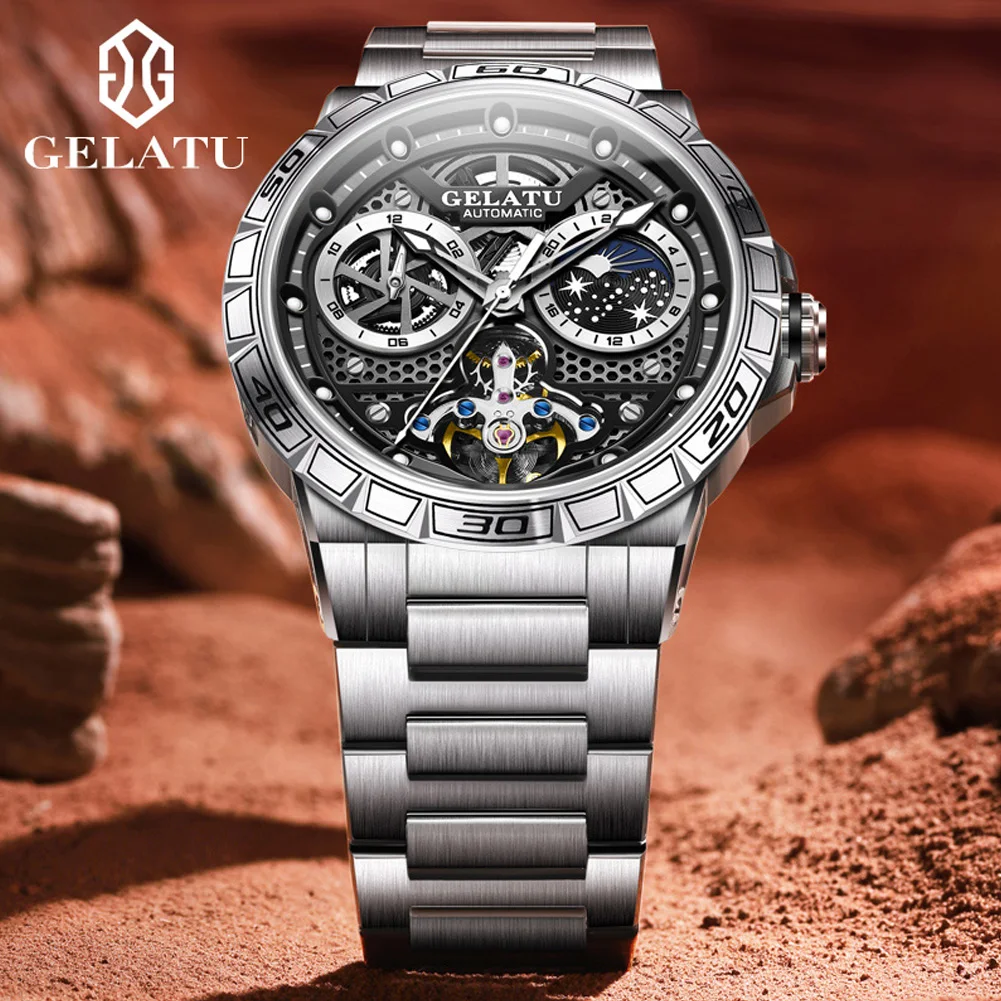GELATU 6020 Men Watch Hollow Flywheel Men Automatic Mechanical Watch Starry Sky Waterproof Luminous Chronograph Luxury Men Watch