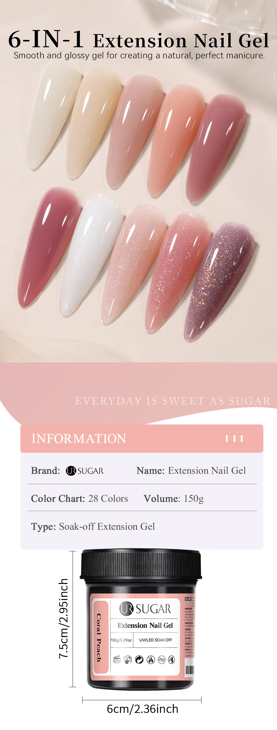 UR SUGAR 3-teiliges 150g Nagelverlängerungs-Gel-Set mit Pinsel und Formen, Klar, Rosa, Hart, Verstärkend, Schnellbauend, Abziehbares Nagelgel zur Formgebung – Detail 2
