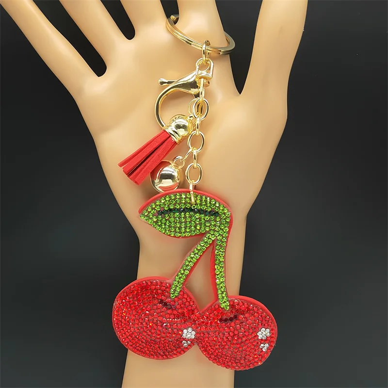 Lindo fruta fresca cereza llavero anillo para Mujeres Hombres rojo Rhinestone caliente verano bolsa encanto decoración llavero joyería regalos