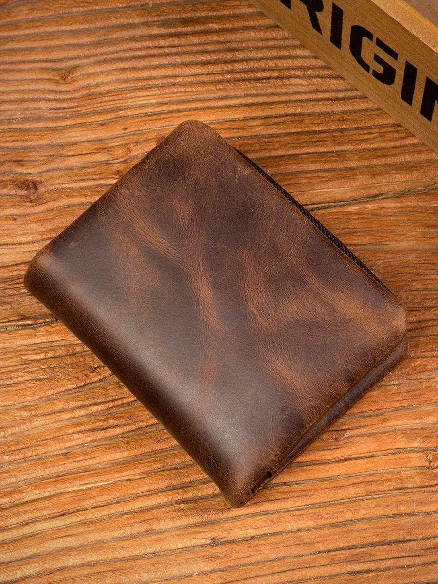 

Модный кожаный кошелек ручной работы Crazy Horse в стиле ретро, кошелек на вертикальной молнии, первый слой из воловьей кожи, простой старый мужской кошелек