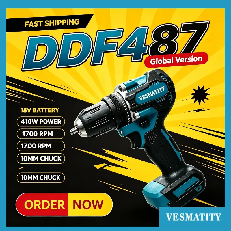 VESMATITY DDF487 Cordless Brushless Household Impact Drill Driver Compact High Torque Electric Screwdriver for 18V 20V Battery